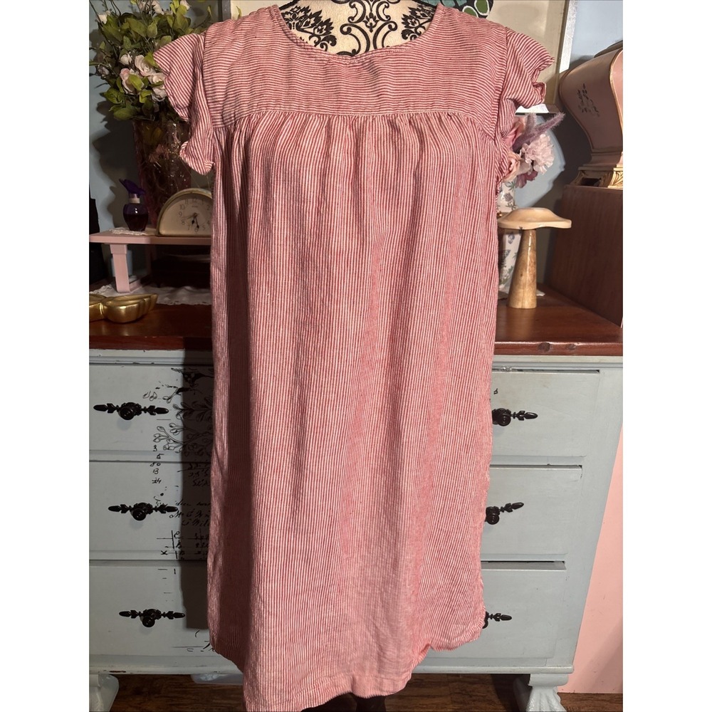 Cynthia Rowley 100% Linen Red Pinstriped Ruffle Sleeve Dress W/ Pockets‎ Sz M